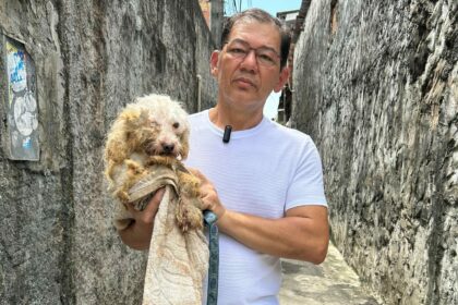Kennedy Marques resgata cachorro abandonado dentro de cesto de lixo no bairro Coroado